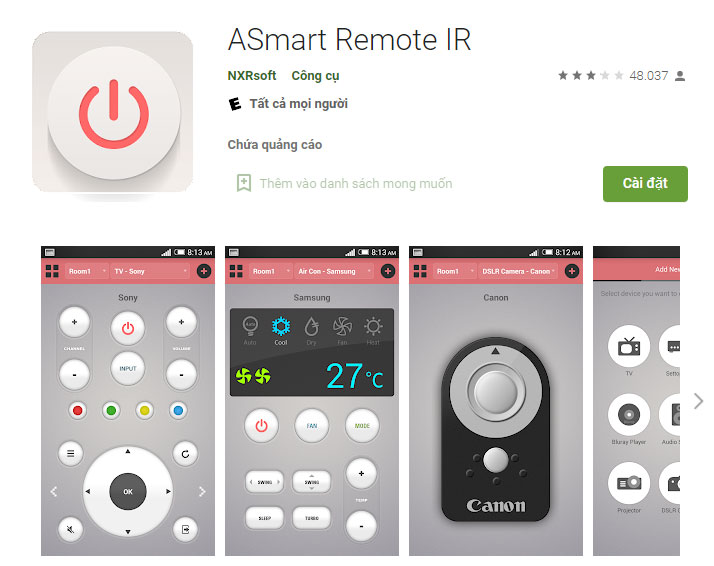 Ứng dụng ASmart Remote IR