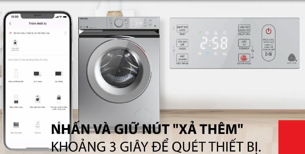 Sau khi ấn thêm thiết bị, bạn tiếp tục ấn và giữ nút “Xả thêm” trên máy giặt khoảng 3 giây để quét thiết bị