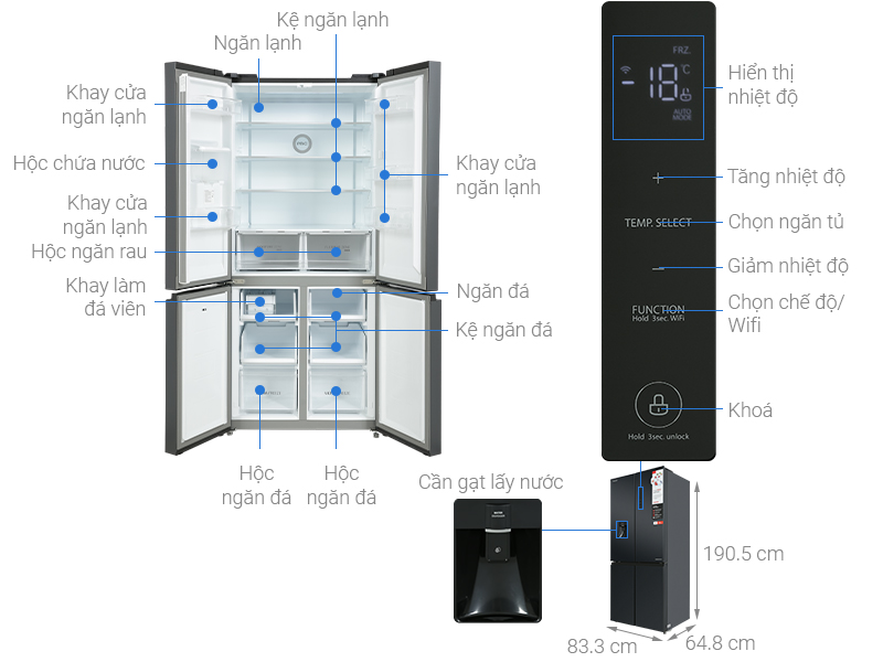 Kích thước tủ lạnh 4 cánh Toshiba