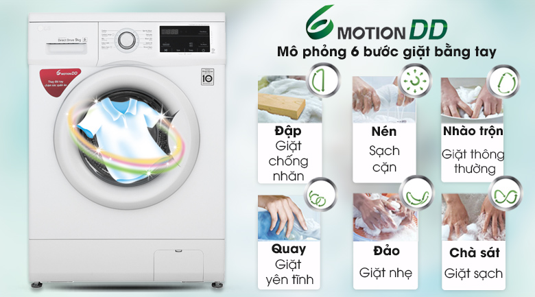 Công nghệ 6 Motion DD mô phỏng chuyển động giặt tay giúp quần áo sạch sâu, không bị xoắn rối, bảo vệ cấu trúc sợi vải tối ưu.