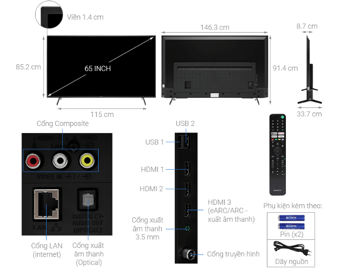 Kích thước Google Tivi Sony 4K 65 inch KD-65X75K