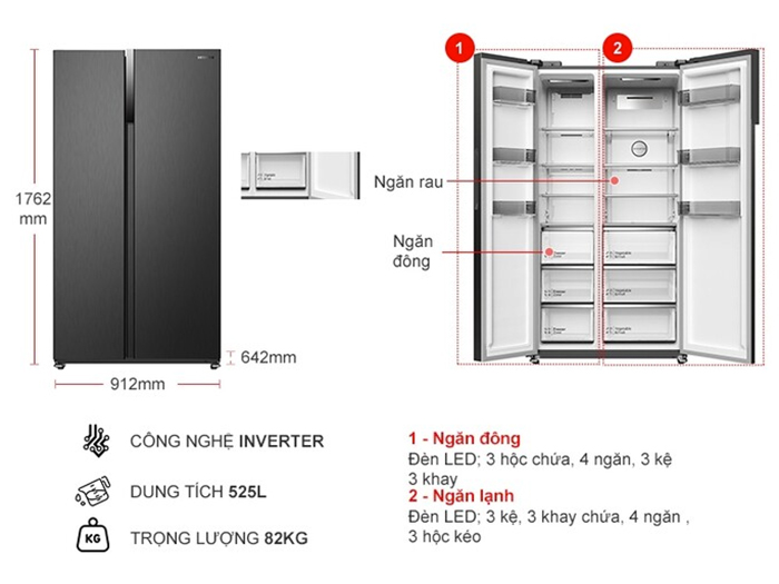 Kích thước Tủ lạnh Hitachi Inverter 525 lít HRSN9552DDXVN 
