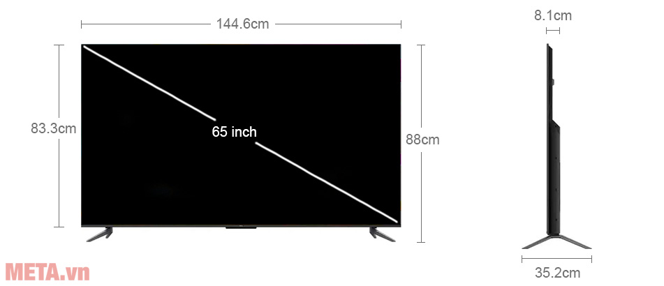 Kích thước Google Tivi TCL QLED 4K 65 inch 65C645