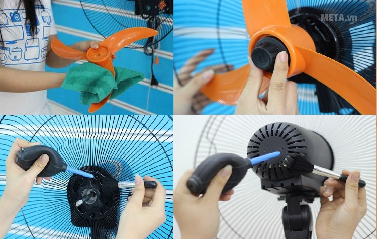 Tháo lồng, cánh quạt ra và vệ sinh với nước xà phòng cùng khăn mềm