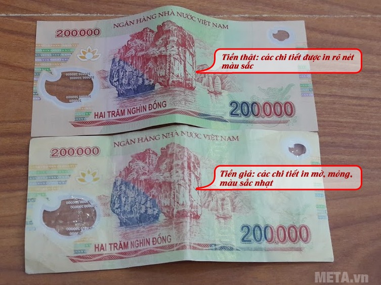 Tờ tiền polyme mệnh giá 200.000 giả thiết kế các chi tiết không sắc nét.