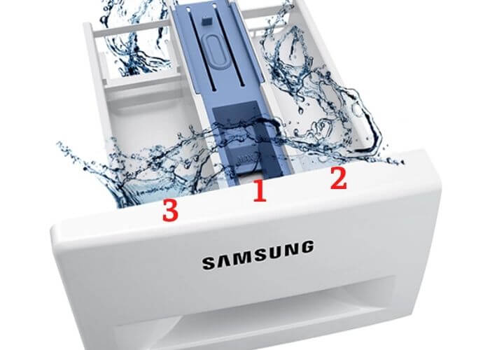 Cách cho nước xả vào máy giặt Samsung cửa ngang có khay đựng