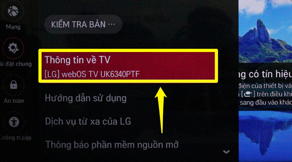 Đọc tên tivi LG tại phần thông tin tivi