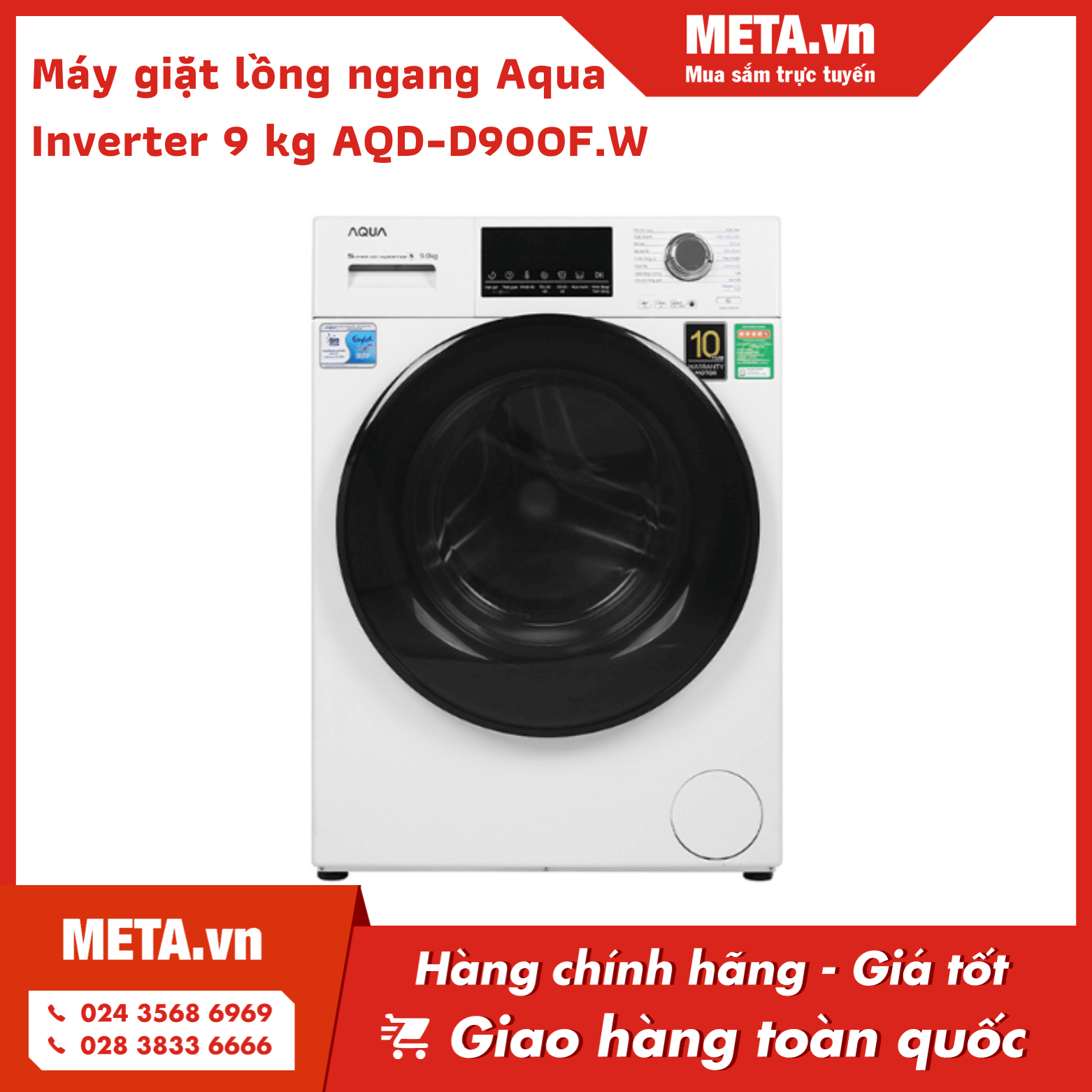 Máy giặt lồng ngang 9kg Inverter AQUA AQD-D900F.W