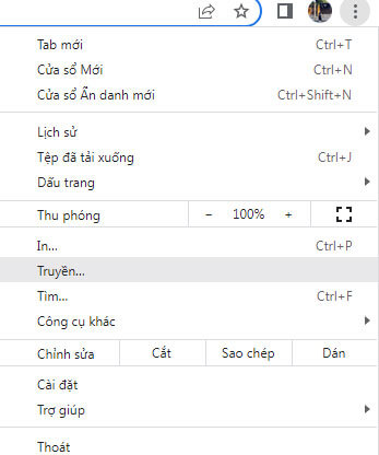Nhấn vào dấu ba chấm trên trình duyệt Chrome để kết nối máy tính với tivi bằng Chromecast