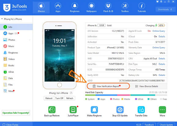 Thao tác trên phần mềm 3utools để check iPhone chính hãng bằng 3utools