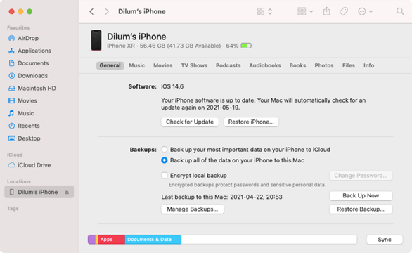 Backup dữ liệu iPhone bằng máy tính Mac
