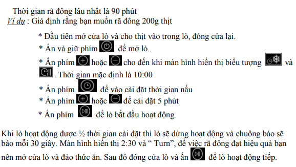 Rã đông thực phẩm bằng lò vi sóng Malloca theo thời gian