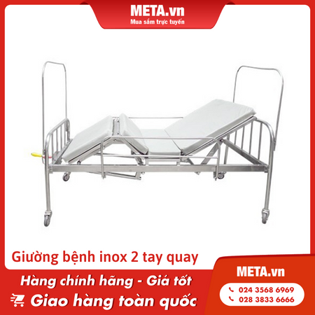 Giường bệnh nhân inox 2 tay quay (Có đệm, bánh xe, thành bên, bô)