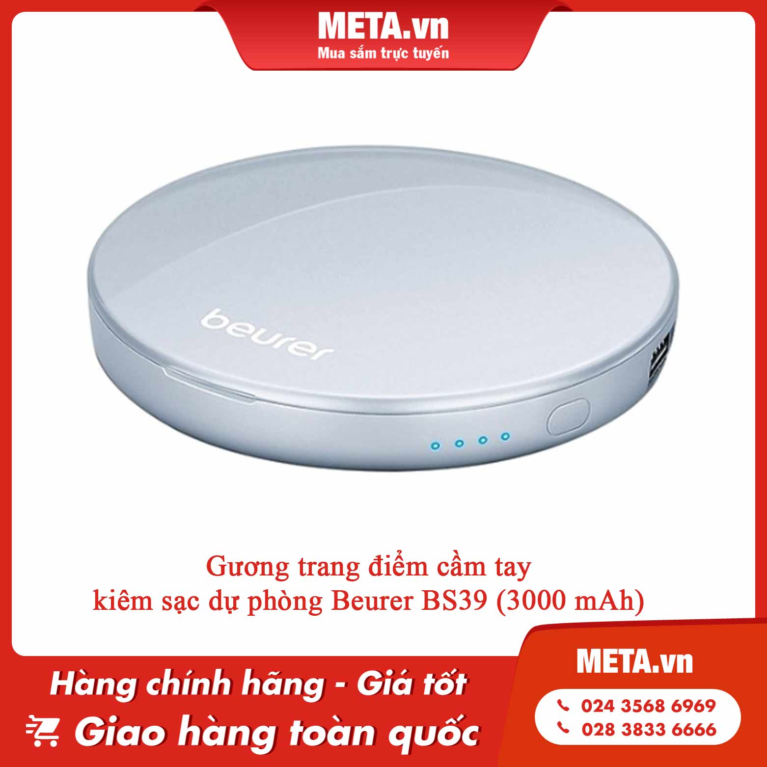 Gương trang điểm cầm tay kiêm sạc dự phòng Beurer BS39 (3000 mAh)