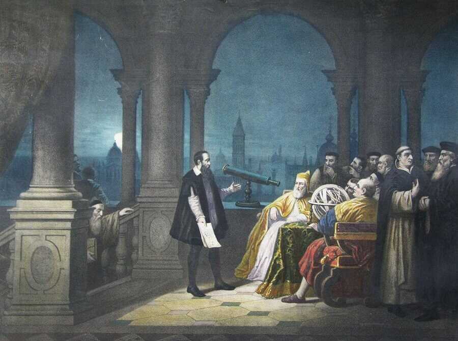 Tranh vẽ miêu tả cảnh Galileo giới thiệu kính thiên văn trước hội đồng thành phố Venice của H.J.Detouche