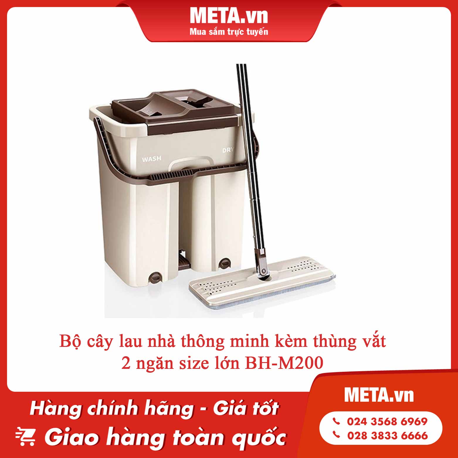 Bộ cây lau nhà thông minh kèm thùng vắt 2 ngăn size lớn BH-M200