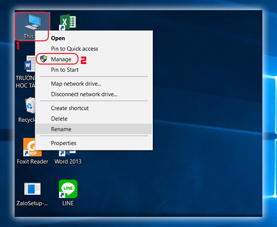 Tại màn hình chính, bạn nhấn chuột phải vào biểu tượng This PC -> Nhấn chọn Manage.