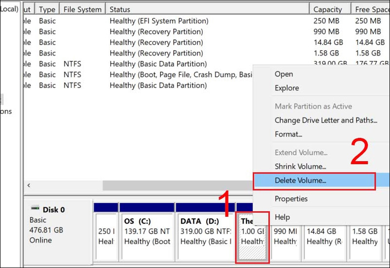 Nhấn chuột phải vào phân vùng ổ đĩa cần xóa -> Nhấn chọn Delete Volume