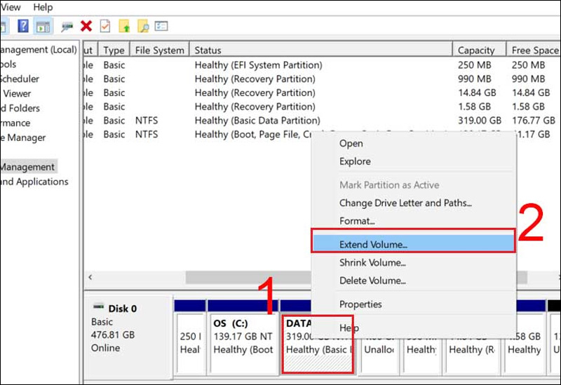 Nhấn chuột phải vào phân vùng ổ cứng bên cạnh -> Nhấn Extend Volume