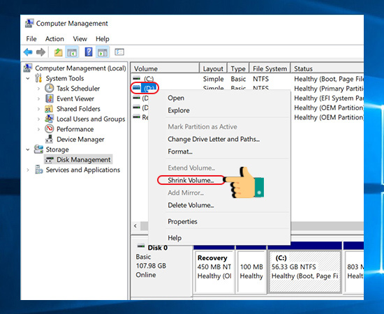 Chọn phân vùng ổ cứng còn trống. Tại giao diện Disk management