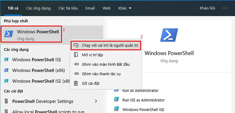 Click chuột phải vào PowerShell -> Nhấn chọn Run as Administrator
