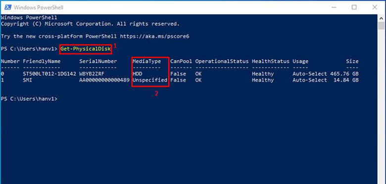Nhập mã lệnh Get-PhysicalDisk trên cửa sổ Windows PowerShell