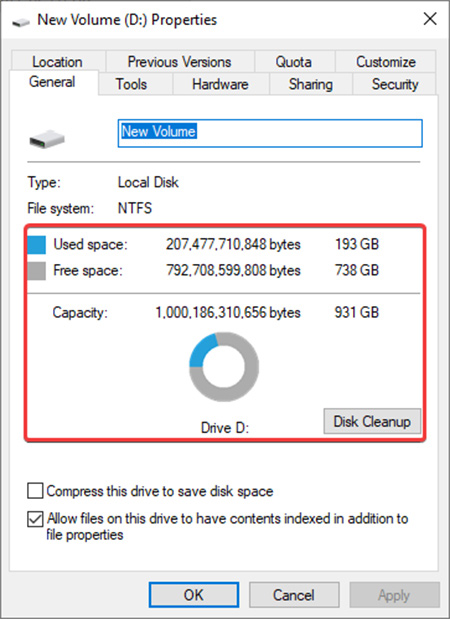 Tại đây, thông tin chi tiết về ổ đĩa như Used Space (dung lượng đã sử dụng) và Free Space (dung lượng còn lại)