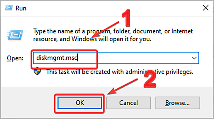 Nhập từ khóa diskmgmt.msc -> Nhấn OK