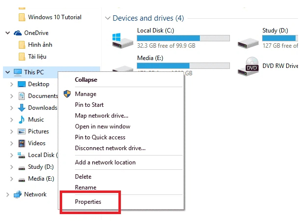 Mở This PC, cửa sổ hiện lên -> Click đúp chuột phải vào mục This PC -> Nhấn chọn Properties
