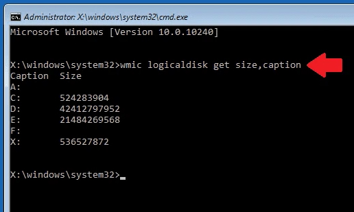 Gõ vào dòng wmic logicaldisk get size, caption