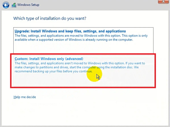 Click vào mục Custom: install Windows only (advanced)