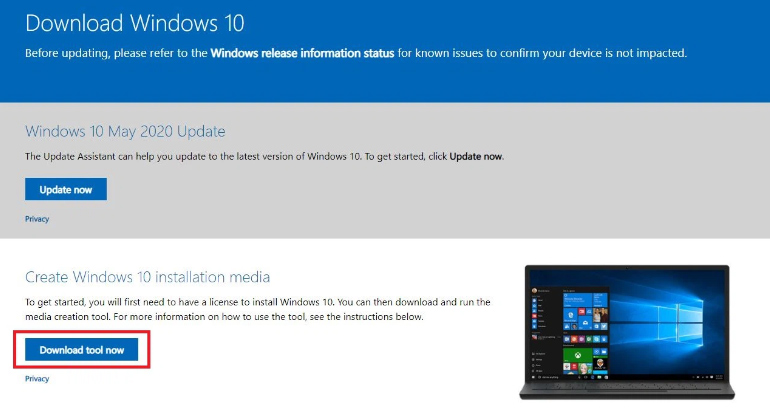 Truy cập vào https://www.microsoft.com/en-us/software-download/windows10/ để tải Media Creation Tool về máy