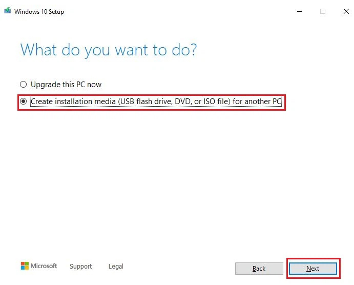 Nhấn Create installation media (USB flash drive, DVD, or ISO file) for another PC -> Nhấn Next