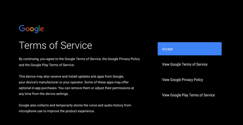 Nhấn Accept để hoàn thành việc đăng ký tài khoản Google cho tivi Sony