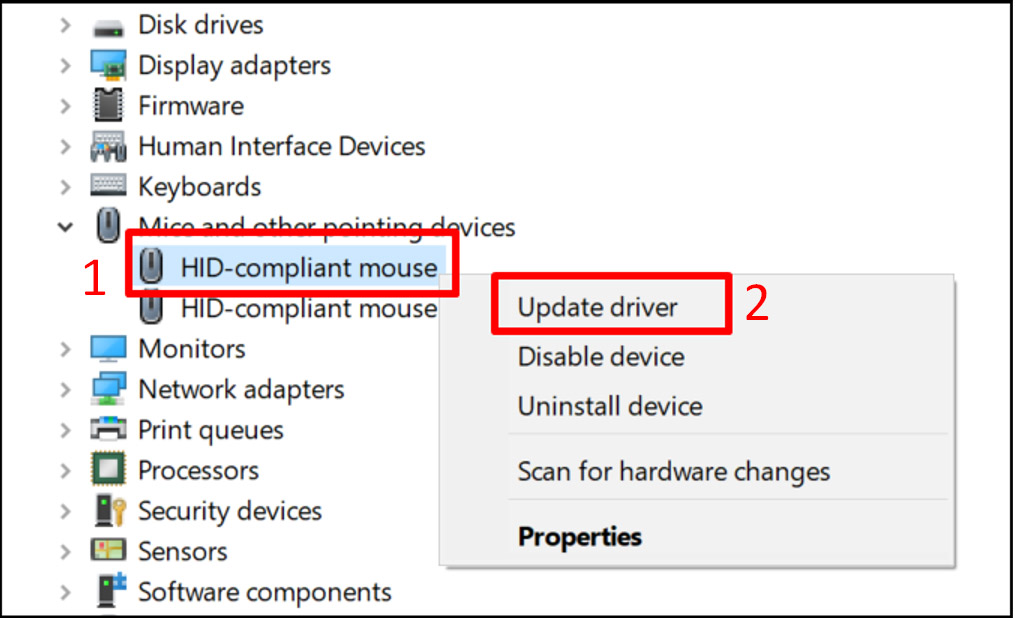 Nhấn chuột phải vào tên của chuột -> Nhấn Update Driver