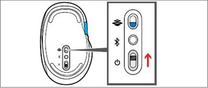 Nhấn bật công tắc của chuột không dây cho đến khi chuột chuyển sang chế độ Bluetooth