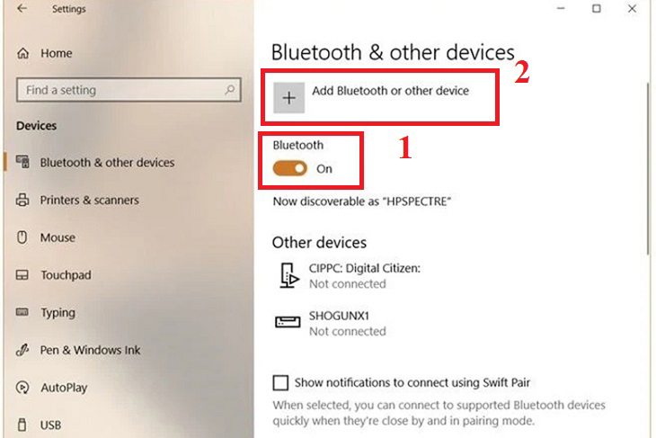 Nhấn chọn Bluetooth On -> Nhấn tiếp Add Bluetooth or other device