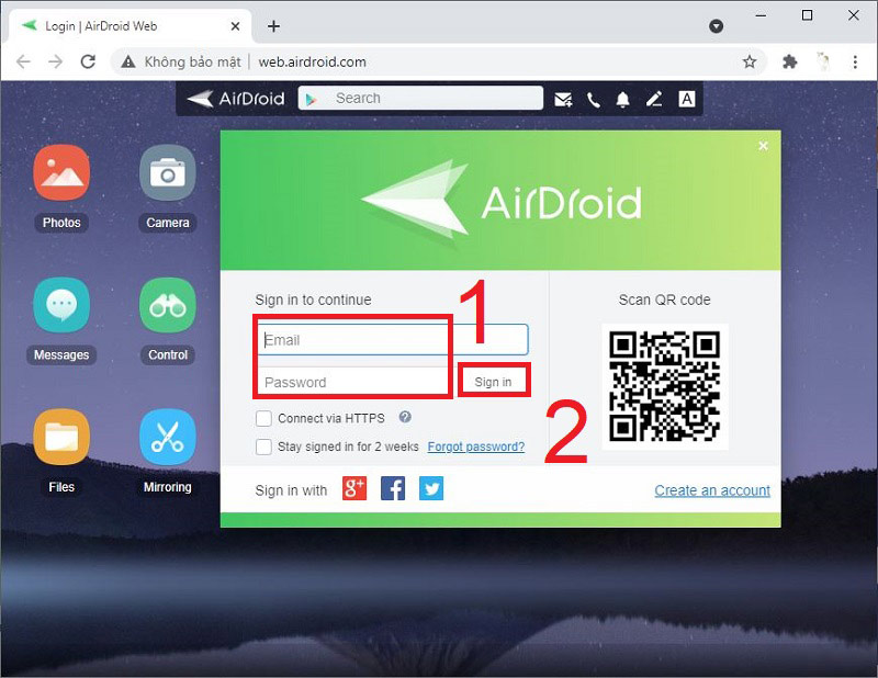 Truy cập vào trình duyệt AirDroid trên máy tính