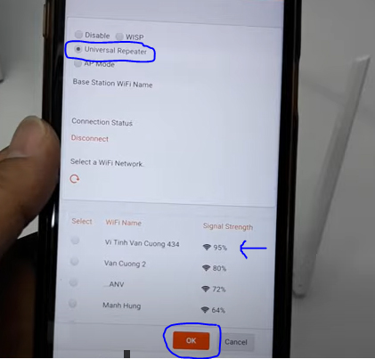Bạn chờ vài giây cho bộ kích wifi quét tất cả các wifi xung quanh -> Nhấn vào wifi mà mình muốn dùng -> Nhập mật khẩu -> Nhấn OK