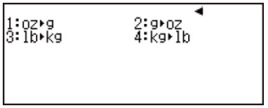 Màn hình menu chuyển đổi đơn vị đo khối lượng trên máy tính Casio 580