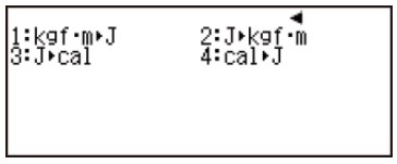 Màn hình menu chuyển đổi đơn vị đo năng lượng trên máy tính Casio 580