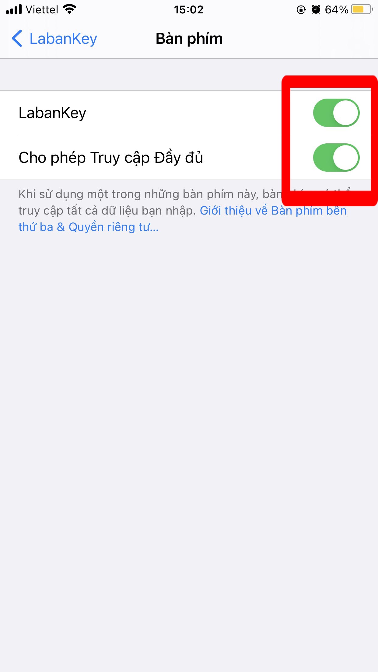 Gạt thanh để kích hoạt Labankey và Cho phép Truy cập đầy đủ