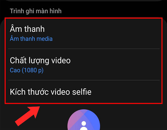 Tùy chọn các thiết lập như Âm thanh (Sound), Chất lượng video/Video Quality hoặc Kích thước video selfie