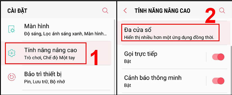 Truy cập vào ứng dụng Cài đặt -> Nhấn chọn Tính năng nâng cao -> Nhấn chọn Đa cửa sổ