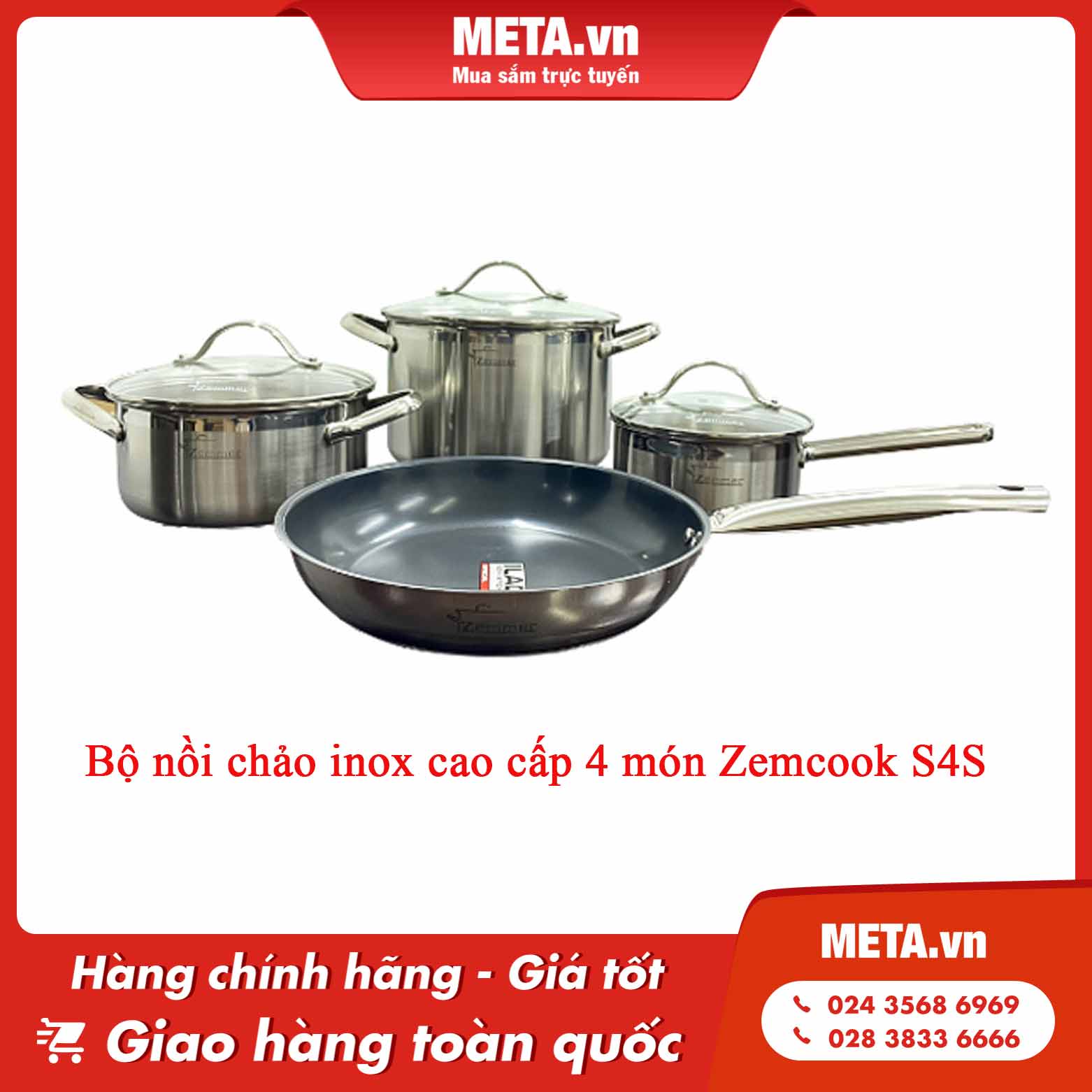 Bộ nồi chảo inox cao cấp 4 món Zemcook S4S