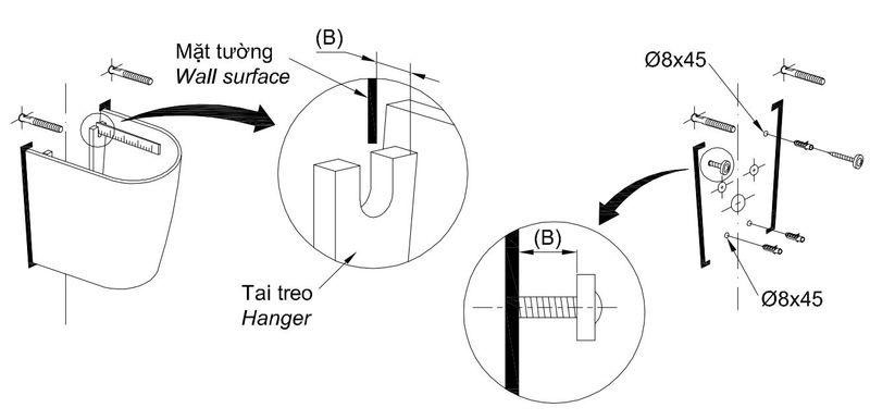 Lắp hai vít treo sao cho thừa một đoạn bằng với khoảng cách từ mặt tường đến tai treo của thân chậu