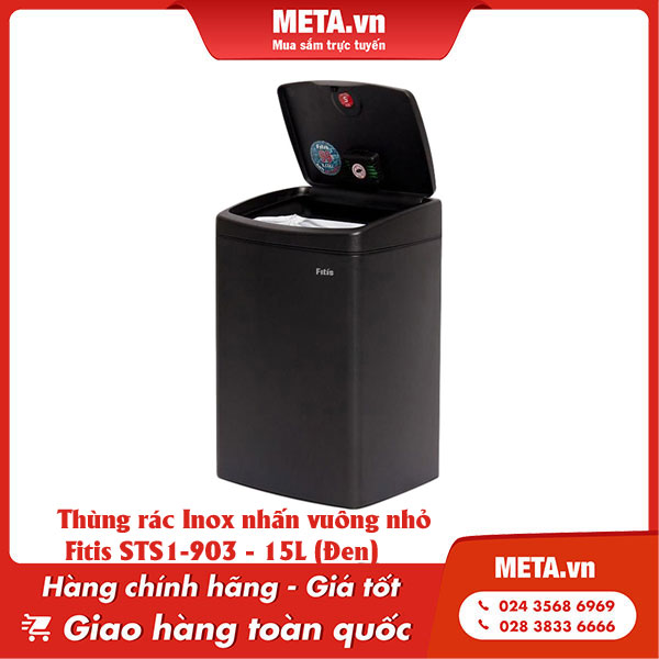 Thùng rác inox nhấn vuông nhỏ Fitis STS1-903 - 15L (Đen)