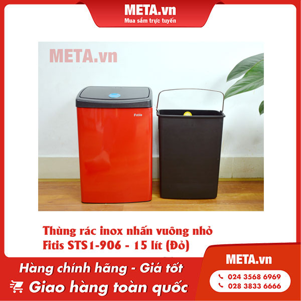 Thùng rác inox nhấn vuông nhỏ Fitis STS1-906 - 15 lít