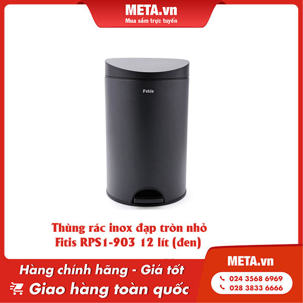 Thùng rác inox đạp tròn nhỏ Fitis RPS1-903 12 lít (đen)