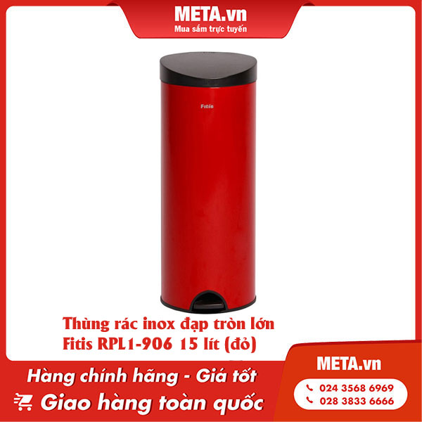 thùng rác inox đạp tròn lớn Fitis RPL1-906 15 lít (đỏ)
